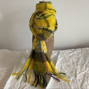 Yellow Pink Green Grey Plaid Eyelash Fringe and Tassel Scarf